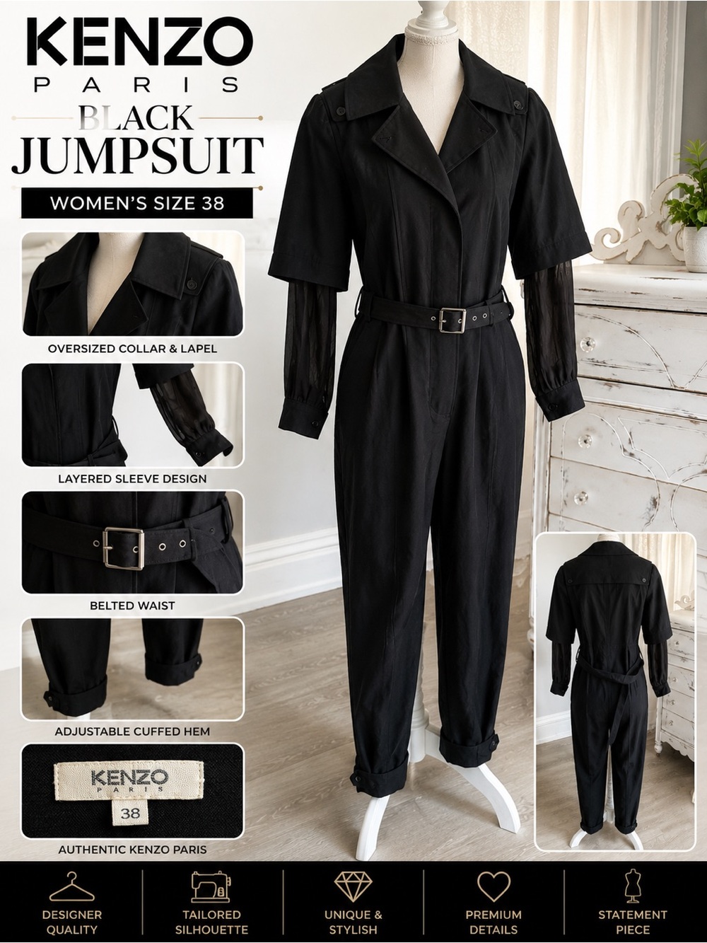 Kenzo black Jumpsuit Sz 38 Medium EUC